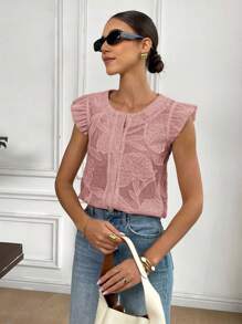 SHEIN Frenchy Blusa de moda con cuello redondo, manga corta y abotonadura sencilla, en tejido jacquard con estampado floral