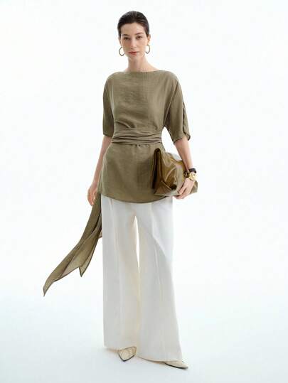 Aalyst Women's Linen Leisure Beach Dress, Off Shoulder Dropped Sleeve Loose A-Line Waist Tie Long Shirt Casual Top For Outdoor, Spring/Summer