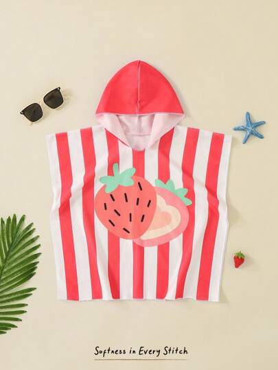SHEIN 女婴草莓条纹印花连帽沙滩上衣 女婴沙滩罩衫 草莓图案沙滩巾 女婴连帽沙滩巾 女婴沙滩斗篷