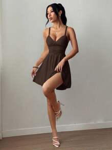 Zielony Women's V-Neck Ruched Waist A-Line Sexy Elegant Camisole Mini Dress Dark Brown Dress Chocolate Brown Dress