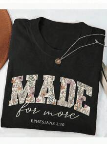 INAWLY Áo thun nữ cổ tròn tay ngắn in chữ và hoa, thường ngày, mùa hè - màu đen - Xem 4