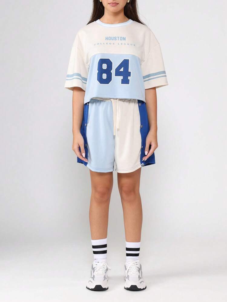 College League Crop Top And Shorts Set With Side Buttons