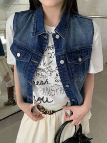 DAZY 女士夏季翻领蕾丝流苏边水洗牛仔背心女式夹克，秋季女装 - 藍色 - 查看 6