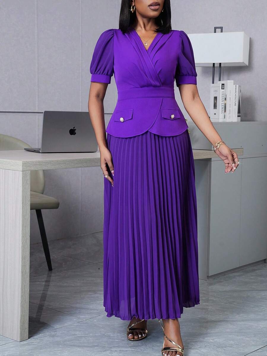 SHEIN Unity Women's Waist-Cinching Splice Pleated 2 In 1 Dress - Purple - View 1