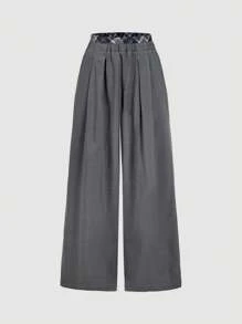 SHEIN MOD Calça de Terno Feminina Solta com Perna Larga, Pregas e Recorte de Cintura em Estampa Xadrez - Cinza - Visão 1