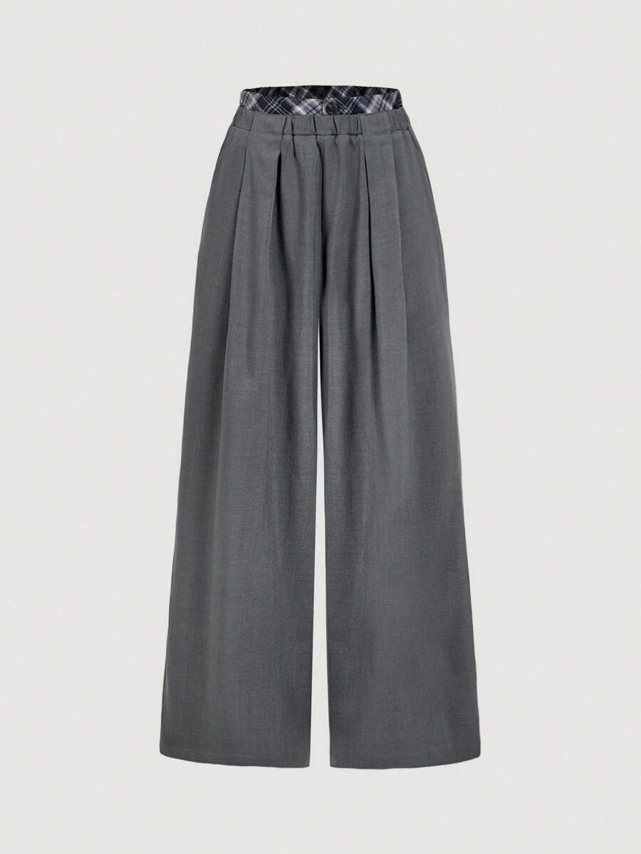 SHEIN MOD Calça de Terno Feminina Solta com Perna Larga, Pregas e Recorte de Cintura em Estampa Xadrez - Cinza - Visão 1