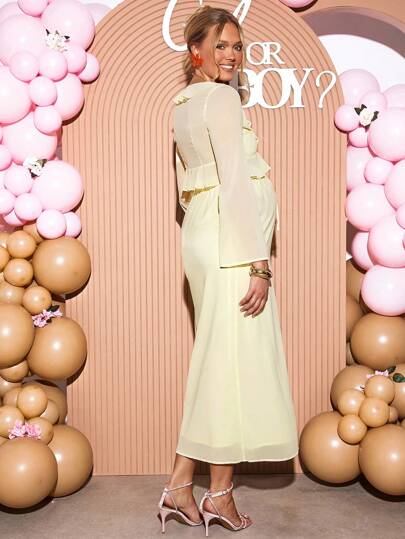 Loomaby Maternity Solid Color Ruffle Hem Blouse And Adjustable Waist Midi Skirt Elegant 2-Piece Set Gender Reveal Dress Maternity Dress Baby Shower Dress Maternity Baby Shower Dress Pregnancy Dress For Photoshoot Baby Shower Guest Outfit Nursing Dresses Cream Two Piece Set Modest Two Piece Set 2 Piece Skirt Sets Woman