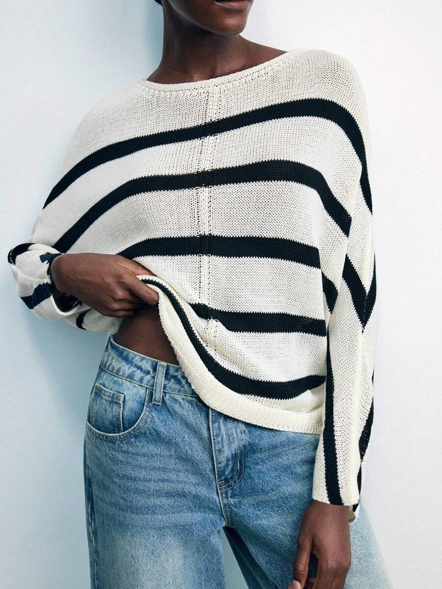 Maija 女士休闲宽松日常时尚百搭长袖套头毛衣 夏季毛衣 女士套头衫 夏季条纹套头衫 夏季套头衫 女士外出上衣 秋季女装 秋季毛衣 女士休闲衬衫 - 杏色 - 查看 1