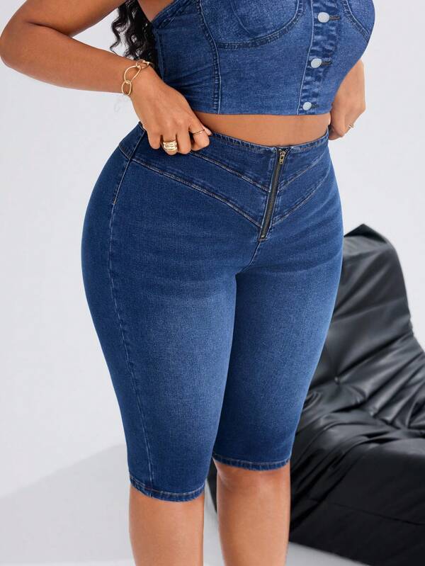 Maweii Plus Size Zomer Dames Hoge Taille Rits Gepersonaliseerde Mode Cropped Jeans