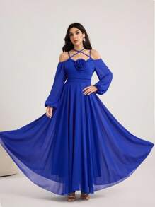 Modelyn Rochie elegantă de lungime medie pentru femei, cu decor floral 3D, albastru regal, rochie de seară formală albastră, rochie albastră cobalt, rochie lungă albastră, rochie formală cu umeri decupați, ținute lungi de vară pentru femei, rochii de seară de lux pentru femei, rochii de seară preppy pentru femei de toamnă, rochii de seară de lux pentru femei