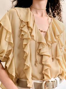 Arave Blusa casual da donna a maniche corte, a tinta unita, con scollo a V, decorata con volant, elegante e romantica