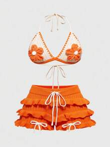 ROMWE Fairycore Vacation Style Handmade Crochet Floral Plus Size Bikini Knitted Set - Orange - View 1