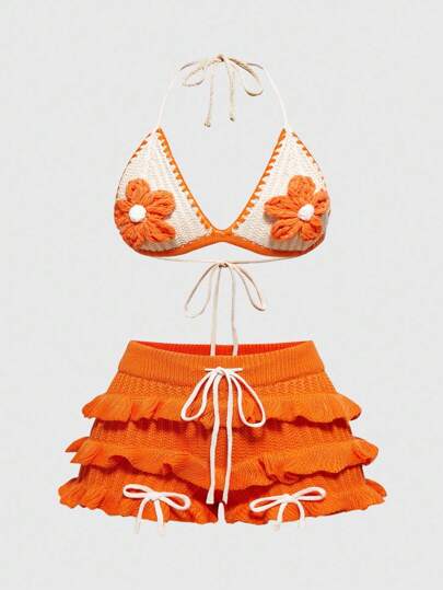 Fairycore Vacation Style Handmade Crochet Floral Plus Size Bikini Knitted Set