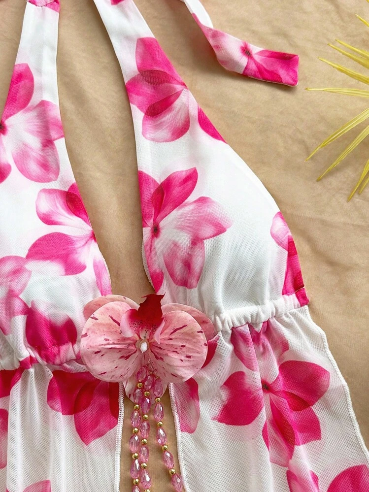 SHEIN WYWH Ladies' Vacation Floral Print Knit Mesh Halter Tie Bow Backless Lace-Up Front 3D Flower Decor Camisole And Ruched Mini Skirt Set, Suitable For Beach, Vacation, Boho Style Two Piece Beach Set Beach Skirt Set Floral Two Piece Set Beach Set For Women Summer Two Piece Set - Pink - View 5