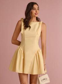 Enchnt 夏/秋浪漫女士奶油黄色蝴蝶结装饰褶饰荷叶边下摆无袖公主可爱迷你连衣裙 - 黃色 - 查看 5