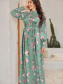 Modelyn Ramadan Floral Printed Shirt Dress With Front Tie For Women - Green - View 1