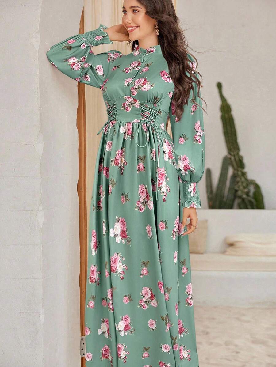 Modelyn Ramadan Floral Printed Shirt Dress With Front Tie For Women - Green - View 1