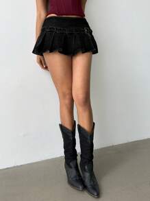 Aloruh 女式性感超低腰牛仔褶皱迷你裙 - 深灰色 - 查看 7