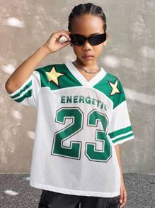 Coolane Kids Camiseta casual de manga corta con cuello en V y estampado de letra para niña preadolescente
