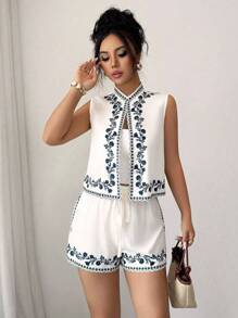 Elenzga Nuovo set estivo elegante composto da cardigan smanicato a fantasia a righe e fiori e pantaloncini in vita elastica, 2 pezzi casual comodi e di per resort