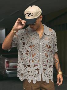 AXEPEAK Áo thun dệt kim tay ngắn khoét lỗ ngọc trai giả màu trơn cho nam - Màu Xám nhạt - Xem 1