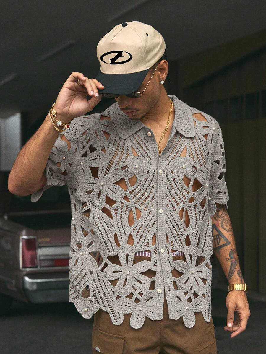 AXEPEAK Áo thun dệt kim tay ngắn khoét lỗ ngọc trai giả màu trơn cho nam - Màu Xám nhạt - Xem 1