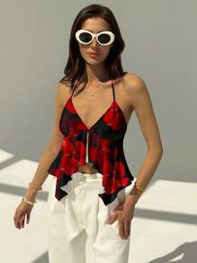 Aloruh 花卉印花深 V 露背衬衫，Y2K 风格上衣，优雅适合约会、派对、度假，适合夏季，复古