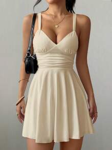 Breezaya 女式 V 领褶饰腰部 A 字型性感优雅无袖迷你连衣裙 - 杏色 - 查看 6