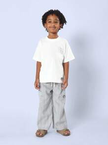 SUMWON Conjunto de camiseta y pantalones a rayas de 'Good Vibes Club' para niños, conjunto informal de verano cómodo de dos piezas con pantalones de cintura elástica