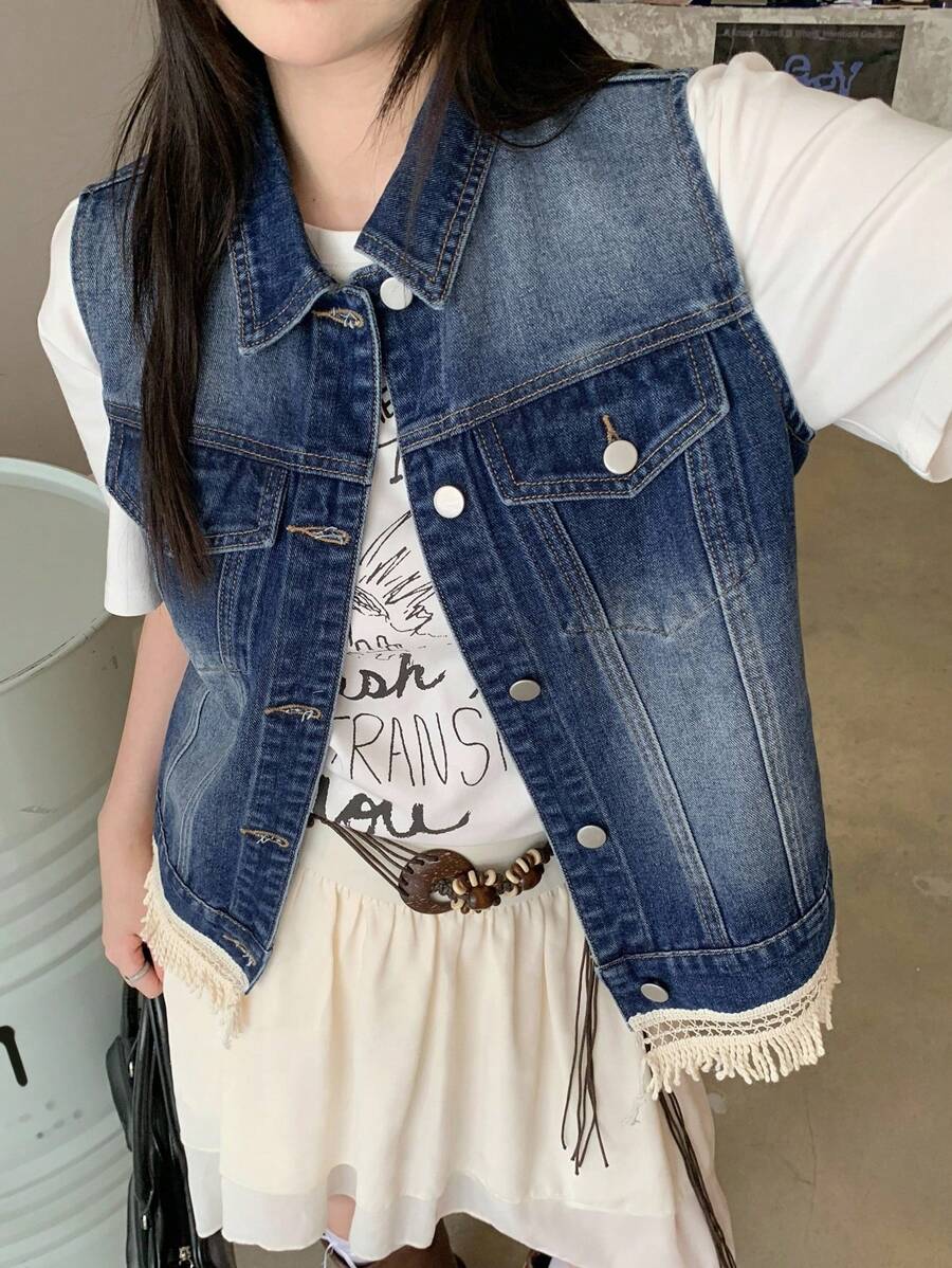 DAZY 女士夏季翻领蕾丝流苏边水洗牛仔背心女式夹克，秋季女装 - 藍色 - 查看 1