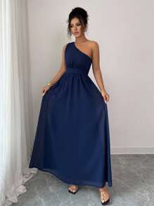 Selianne Women Solid Chiffon One Shoulder Fitted Midi Dress - Navy Blue - View 3