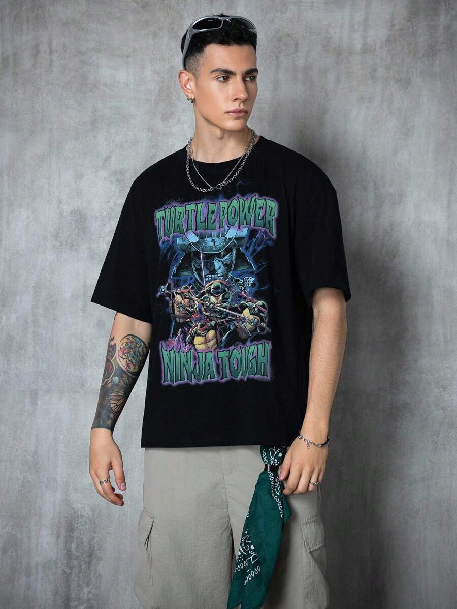 TEENAGE MUTANT NINJA TURTLES | SHEIN Men's Casual Letter & Turtle Print Round Neck Short Sleeve T-Shirt, Summer, Emo, 2000s Style