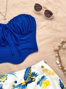 Soleia Women White And Blue Floral Boho Tube Top & Skirt Set,Beach Vacation 2 Pieces Outfit,Tropical Print Music Festival Club Summer Set  No Chest Padding - Multicolor - View 4