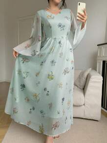 Modelyn 女士优雅花卉印花长款喇叭袖连衣裙 - 綠色 - 查看 4