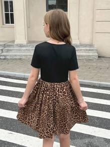 SHEIN Serisse Kids 青少年女孩休闲时尚百搭针织拼接豹纹方领短袖束腰紧身连衣裙，适合周末和休闲外出，秋冬季 - 黑色 - 查看 10