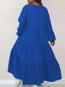 SHEIN LUNE Plus Size Solid Color Lantern Sleeve Brown Fall Dress, Spring Autumn Maxi Women Outfit - Blue - View 2