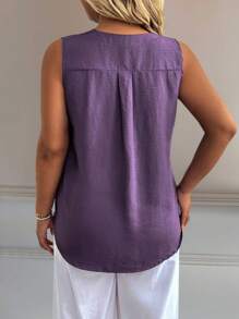 EMERY ROSE Plus Size Women Solid Color Casual V-Neck Sleeveless Metal Button Regular Tank Top - Purple - View 2
