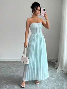 Elenzga Women's Pale Mint Green Ruched Waist Design Midi Dress