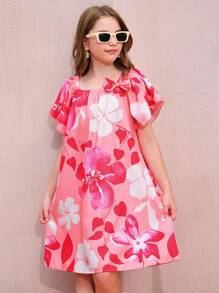 女童花朵和叶子印花荷叶边袖蝴蝶结细节 A 字裙，适合夏季度假旅行海滩 - 粉色 - 查看 4