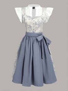 Fairmaia Traditional German Elegant Vintage Jacquard Patchwork Women Dress German Traditional Women Floral Square Neck Sleeveless Dirndl Dress, For Oktober Dirndl, Halloween