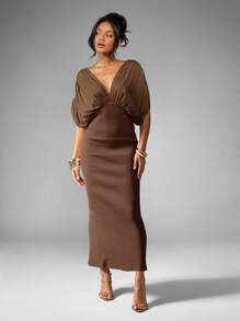 MISSGUIDED 优雅垂坠蝙蝠袖长裙，深 V 领，高腰侧开衩，晚礼服，派对婚礼宾客，秋冬 - 摩卡棕 - 查看 5