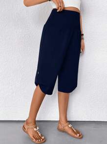 SHEIN LUNE 女式纯色腰系休闲宽松七分裤 - 藏蓝色 - 查看 5