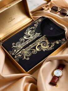 Manfinity Homme Men's Floral Print Short Sleeve Casual Polo Shirt, Summer Gold Print T Shirt Men Luxury T Shirt Men Black And Gold T Shirt Men Designer T Shirts For Men