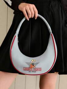 LOONEY TUNES X SHEIN Women's Fashionable Minimalist Personalized Street Chic Gray Cartoon Print Shoulder Bag - Grey - View 9