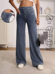 SHEIN Essnce Pantalon large en jeans tricoté stretch taille mi-haute - Bleu azur - Voir 1