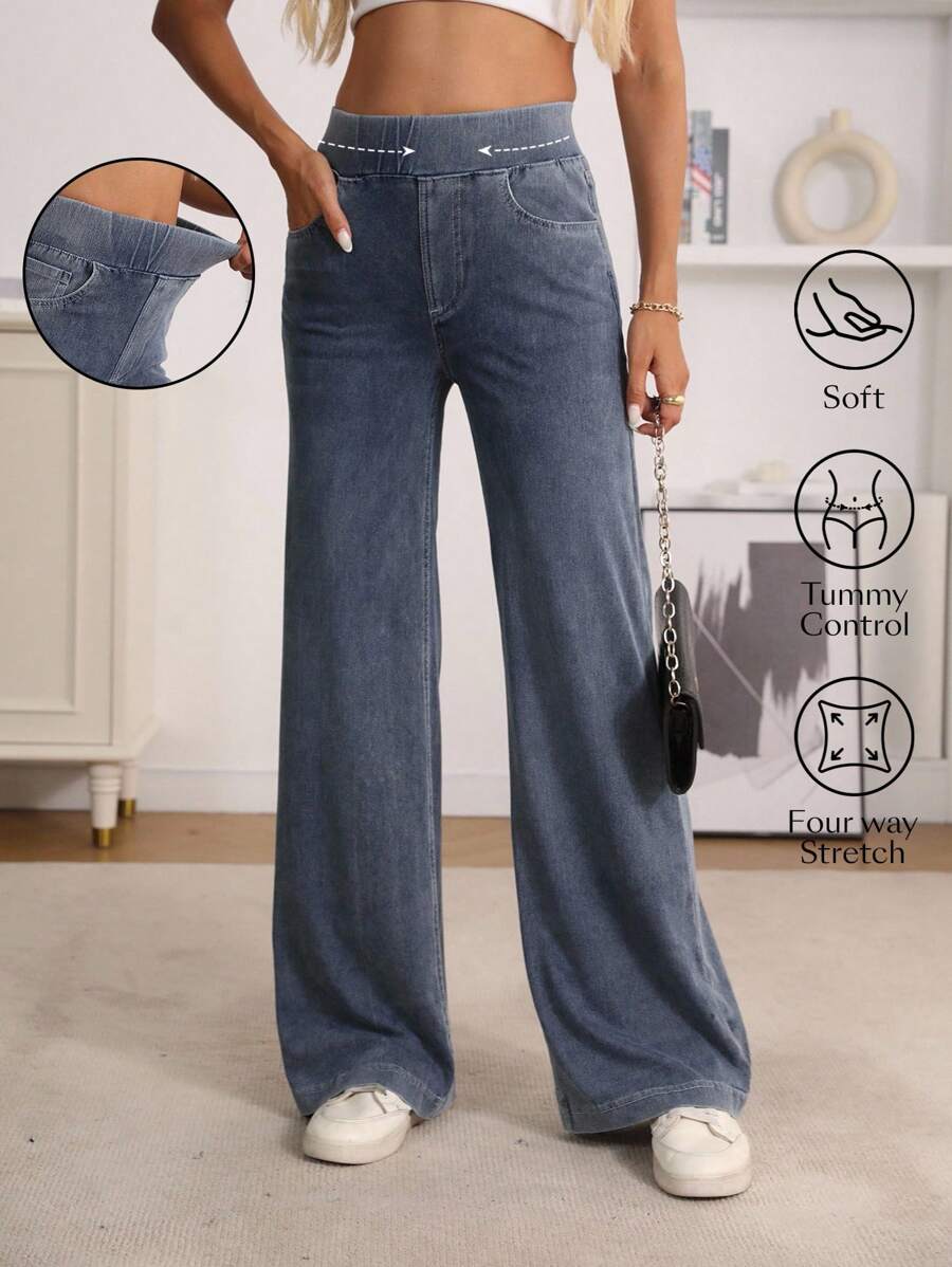 SHEIN Essnce Pantalon large en jeans tricoté stretch taille mi-haute - Bleu azur - Voir 1