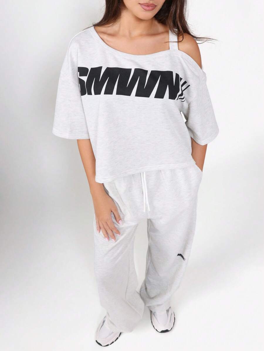 SUMWON One Shoulder Logo T-Shirt Wide Leg Pants Set Streetwear Festival Wear Casual Matching Set Drawstring Waist Loose Fit Autumn Fall - Light Grey - View 1