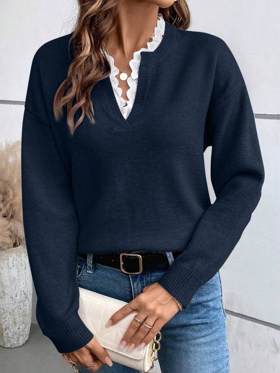 SHEIN PETITE French Style Women Romantic Lace Trim Crew Neck Long Sleeve Sweater Fall Winter Cloth For Women - Blue - View 1