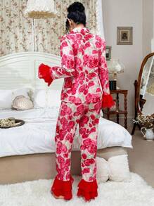 SHEIN 2 Stücke Damen Kontrast Rüschen Blume Muster Hemdkragen Langarm Top & Hose Pyjama Set, Herbst Winter Kleidung - Verschiedenfarbig - Übersicht 2