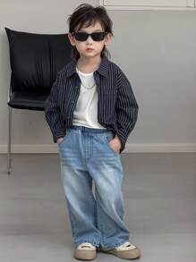 Dazy Kids 男童宽松直筒百搭牛仔裤，适合秋季穿着 - 中等水洗藍 - 查看 3